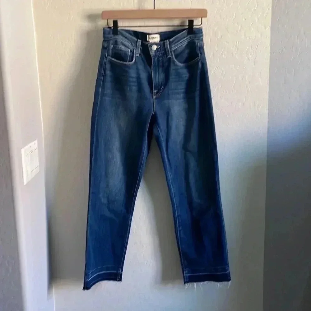 L'Agence Harris High Rise Cropped Straight Leg Jeans Released Hem Fray Jeans